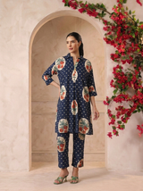 Navy Blue Victorian Printed Anti-Fit/Lose-Fit Kurta with Pants