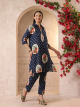 Navy Blue Victorian Printed Anti-Fit/Lose-Fit Kurta with Pants