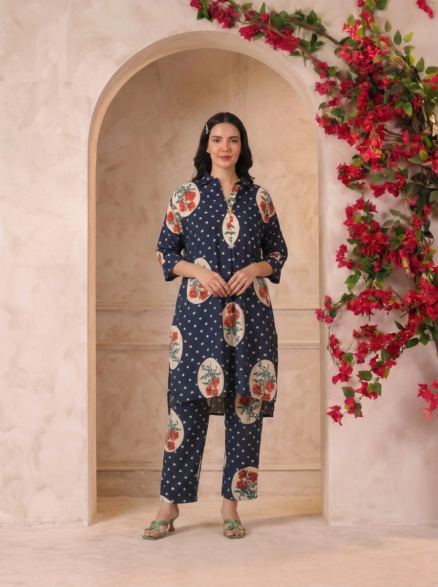 Navy Blue Victorian Printed Anti-Fit/Lose-Fit Kurta with Pants