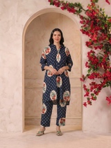 Navy Blue Victorian Printed Anti-Fit/Lose-Fit Kurta with Pants