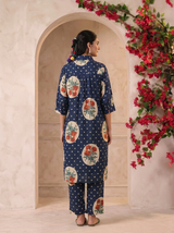Navy Blue Victorian Printed Anti-Fit/Lose-Fit Kurta with Pants