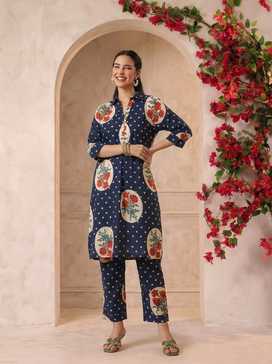Navy Blue Victorian Printed Anti-Fit/Lose-Fit Kurta with Pants
