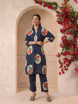 Navy Blue Victorian Printed Anti-Fit/Lose-Fit Kurta with Pants