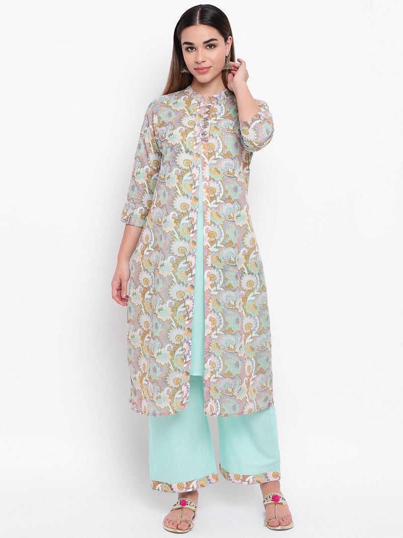 whl Green Printed Inner-Jacket Attached & Palazzo Set