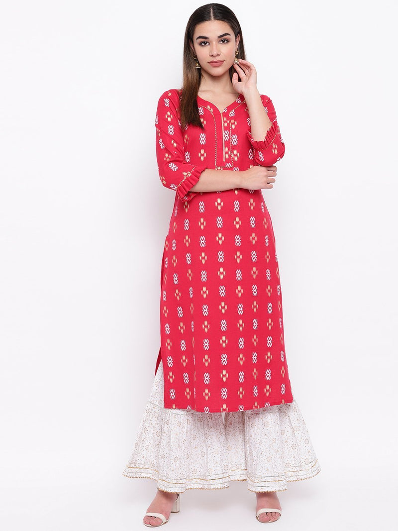 whl Red Printed Kurta And Gharara Set