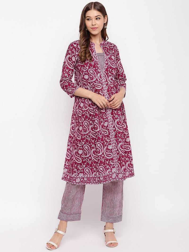 Wine Paisley Printed Kurta-Pants Set