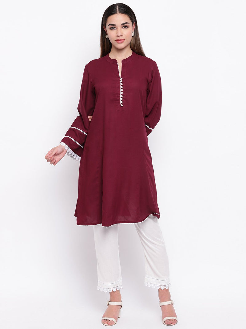 whl Maroon Rayon Pakistani Kurta-Palazzo Set