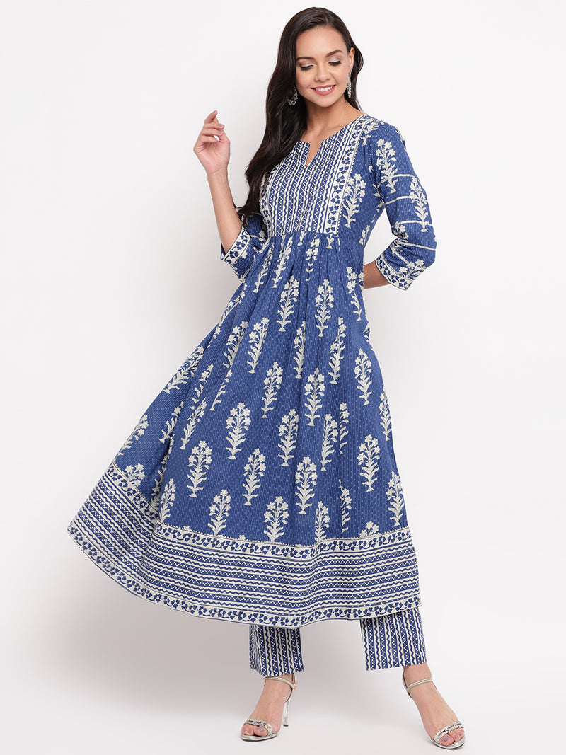 Jharokha Indigo printed Anarkali Kurta and Pants Set