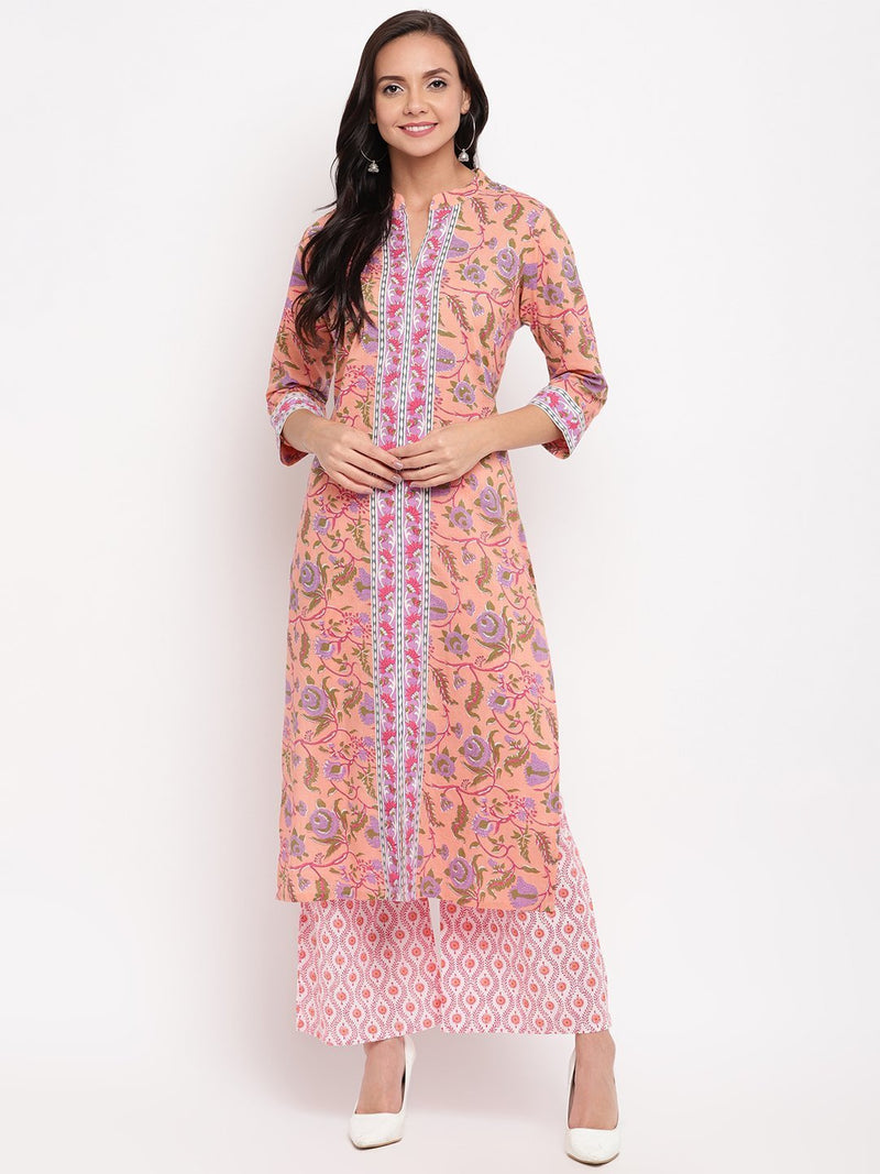 whl Peach Floral Printed Kurta-Palazzo Set