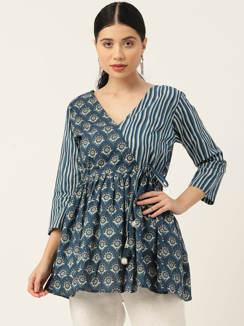 Women Blue Ethnic Motifs Printed Wrap Top