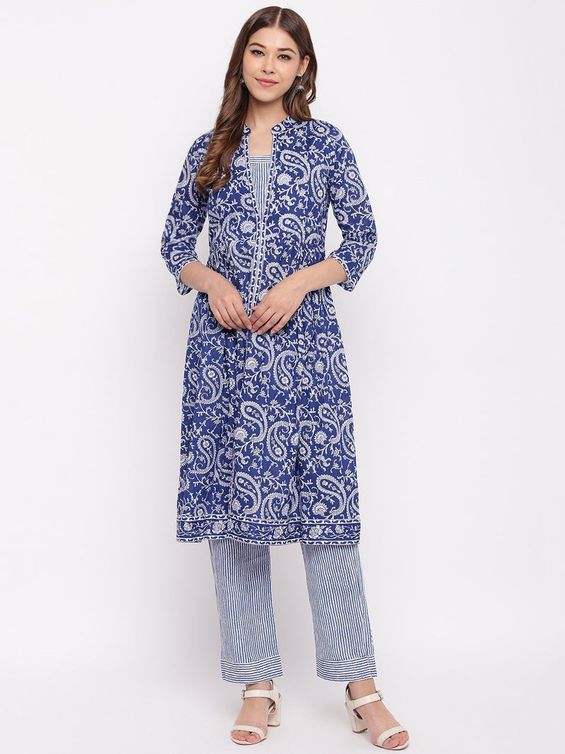 whl Blue Paisley Printed Kurta-Pants Set