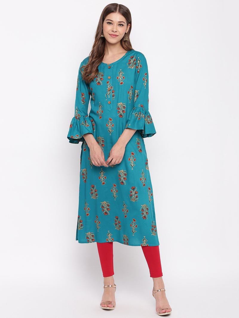 whl Blue Rayon Gold Print Kurti