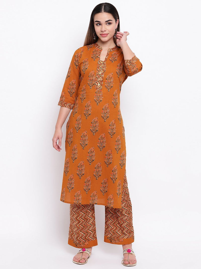 whl Mustard Printed Cotton Kurta-Palazzo Set