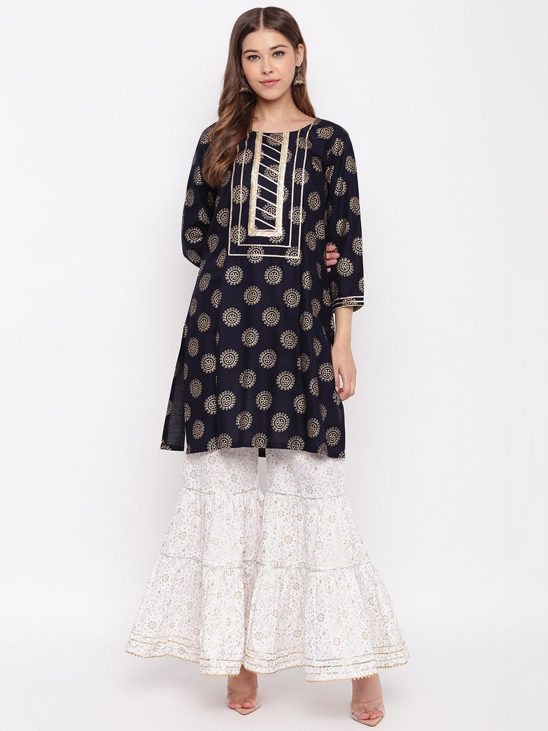 whl Rayon Gold Print Kurti And Gharara Set
