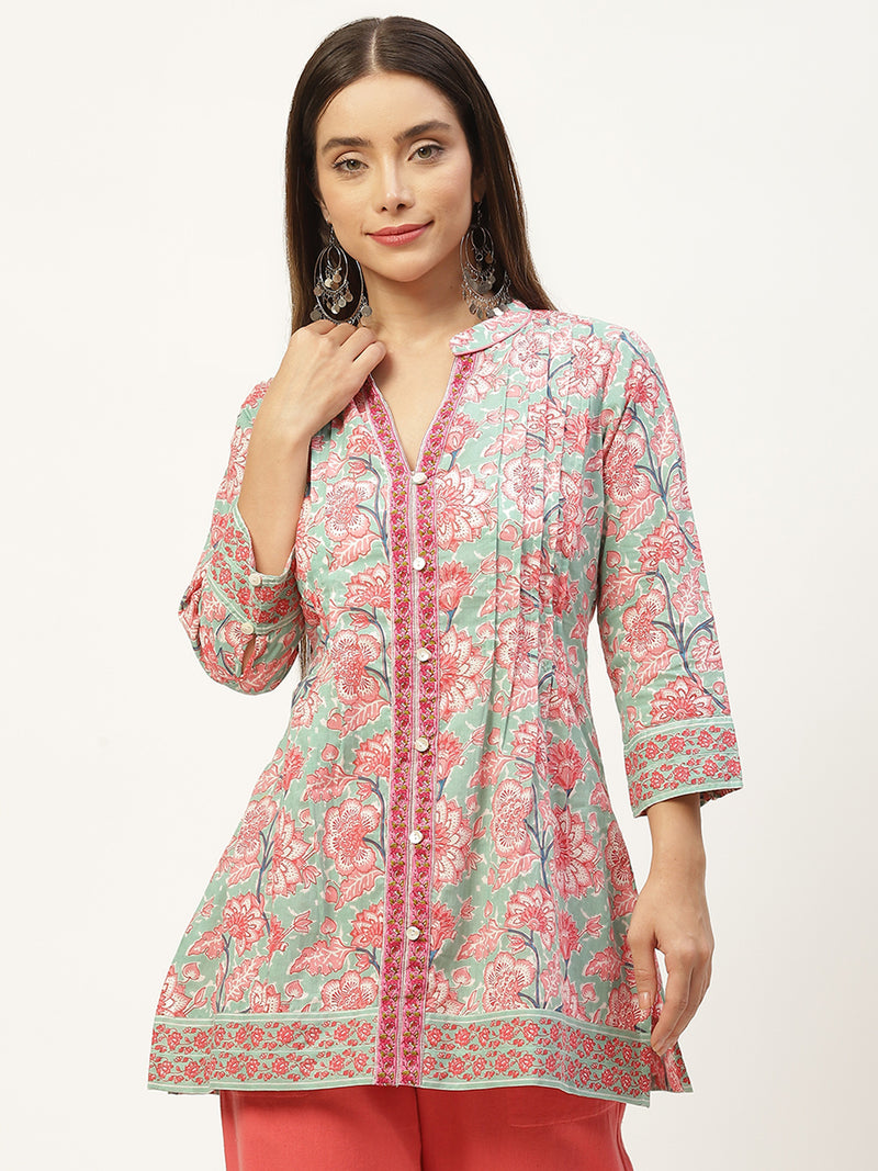 Green & Pink Print Mandarin Collar Cotton A-line Top