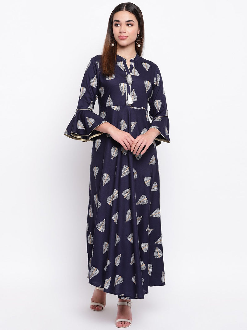 whl Navy Blue Rayon Printed Maxi Dress