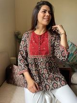 Black Cotton Ethnic Hand Block Print A-Line Top