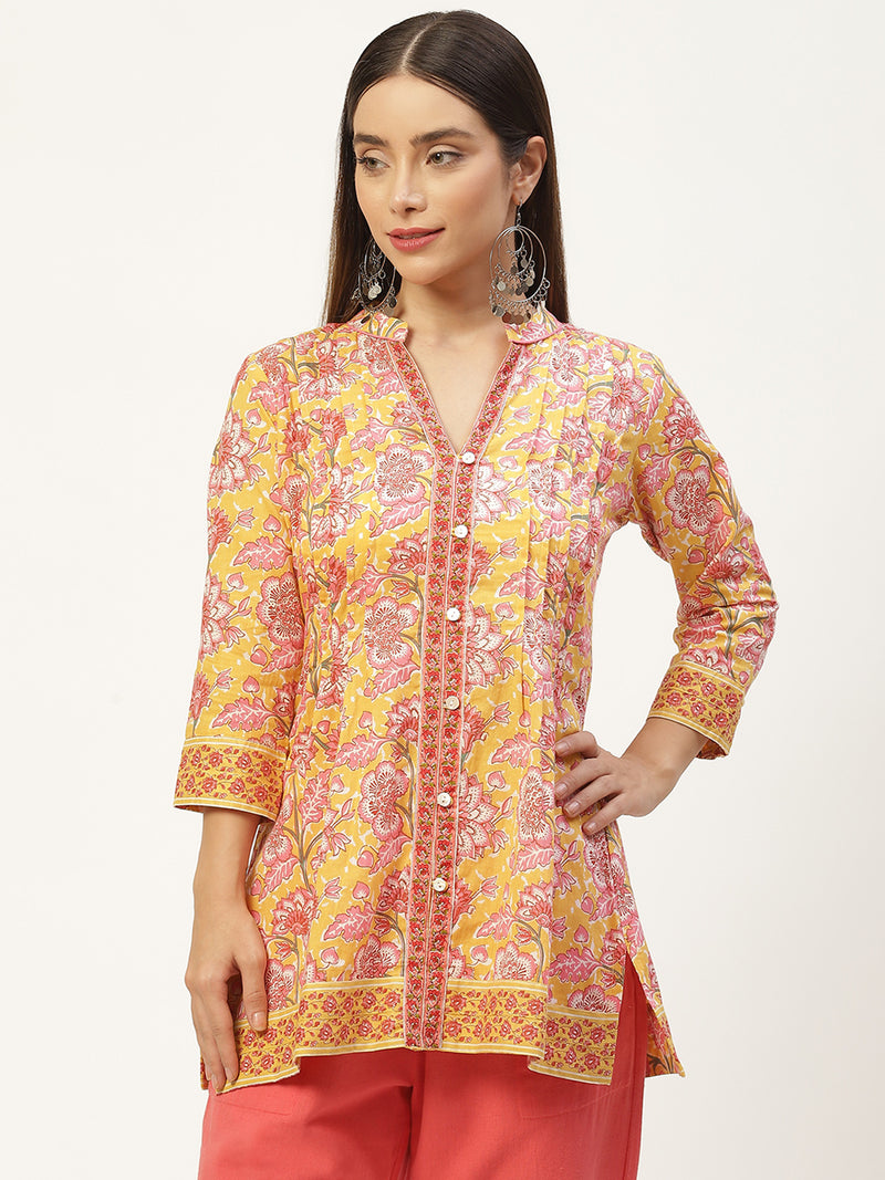 Yellow & Pink Print Mandarin Collar Cotton A-line Top