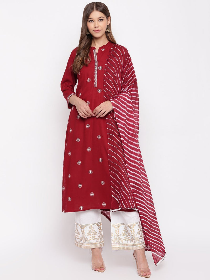 whl Maroon Rayon Embroidered Kurta With Palazzo And Dupatta