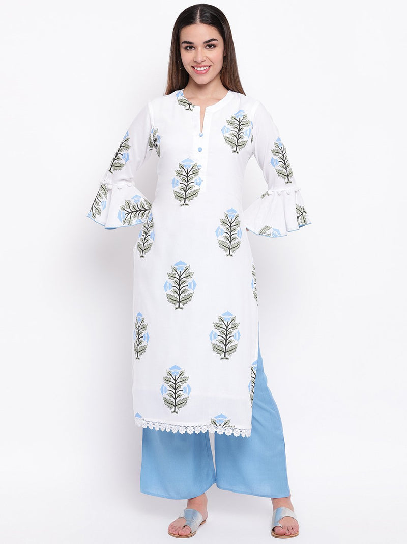 whl White Rayon Printed Kurta & Palazzo Set
