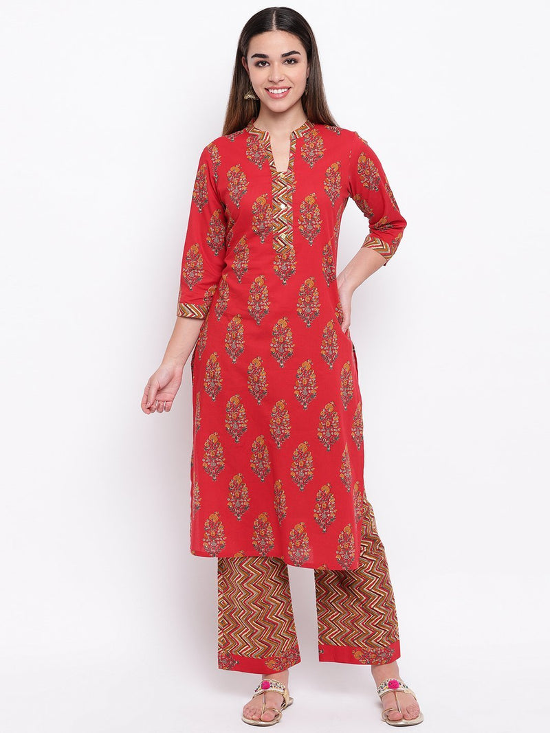 whl Red Printed Cotton Kurta-Palazzo Set