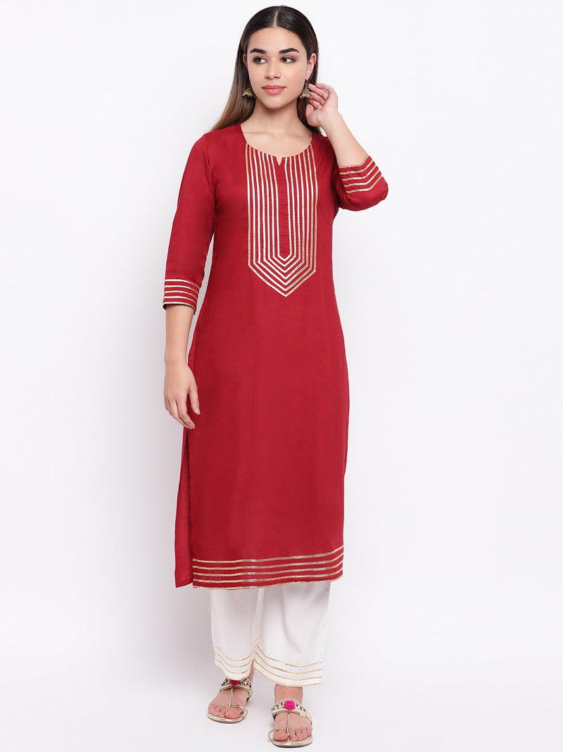 whl Maroon Rayon Gota Lace Kurta & Palazzo Set