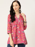 Pink Floral Print Gathered or Pleated Pure Cotton Regular Ethnic Top