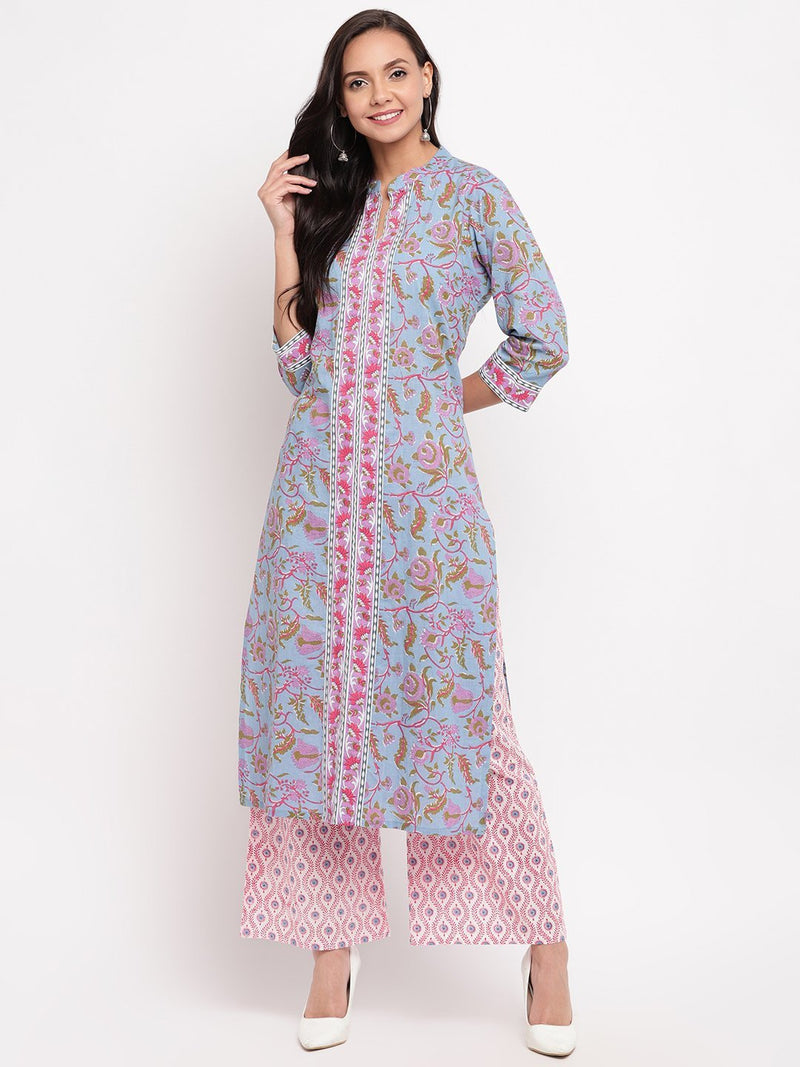 whl Blue Floral Printed Kurta-Palazzo Set