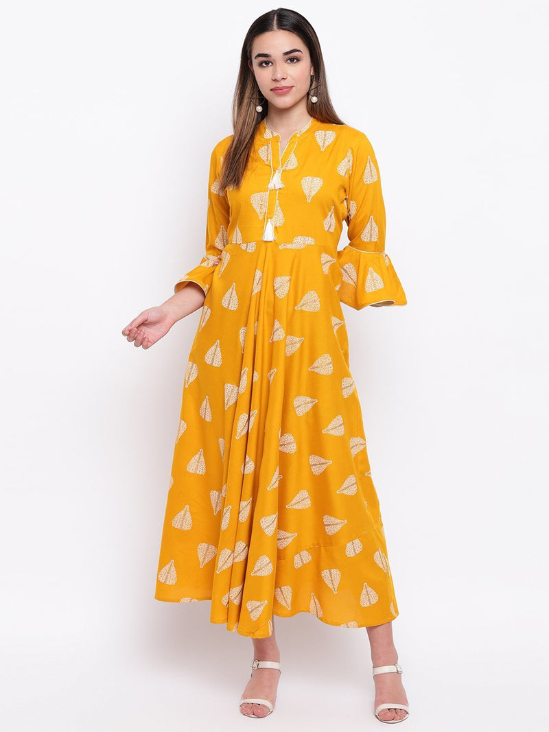 Mustard Rayon Printed Maxi Dress