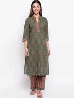 whl Green Printed Cotton Kurta-Palazzo Set