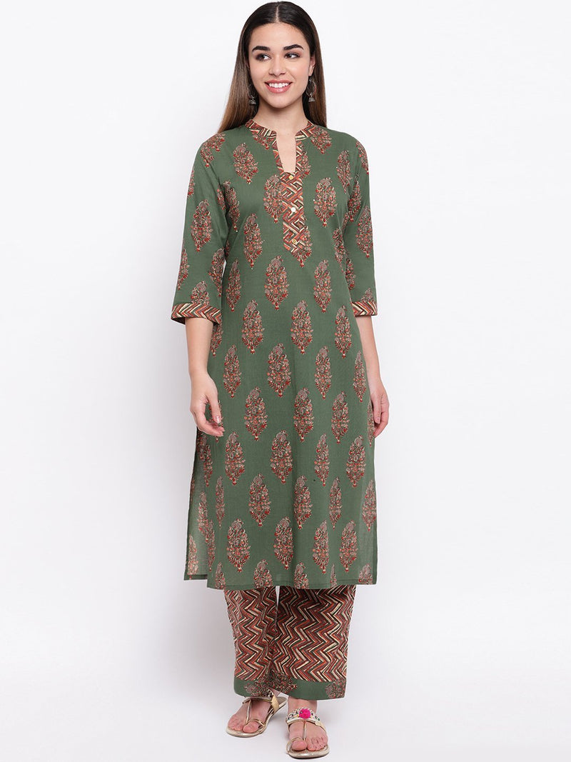 whl Green Printed Cotton Kurta-Palazzo Set