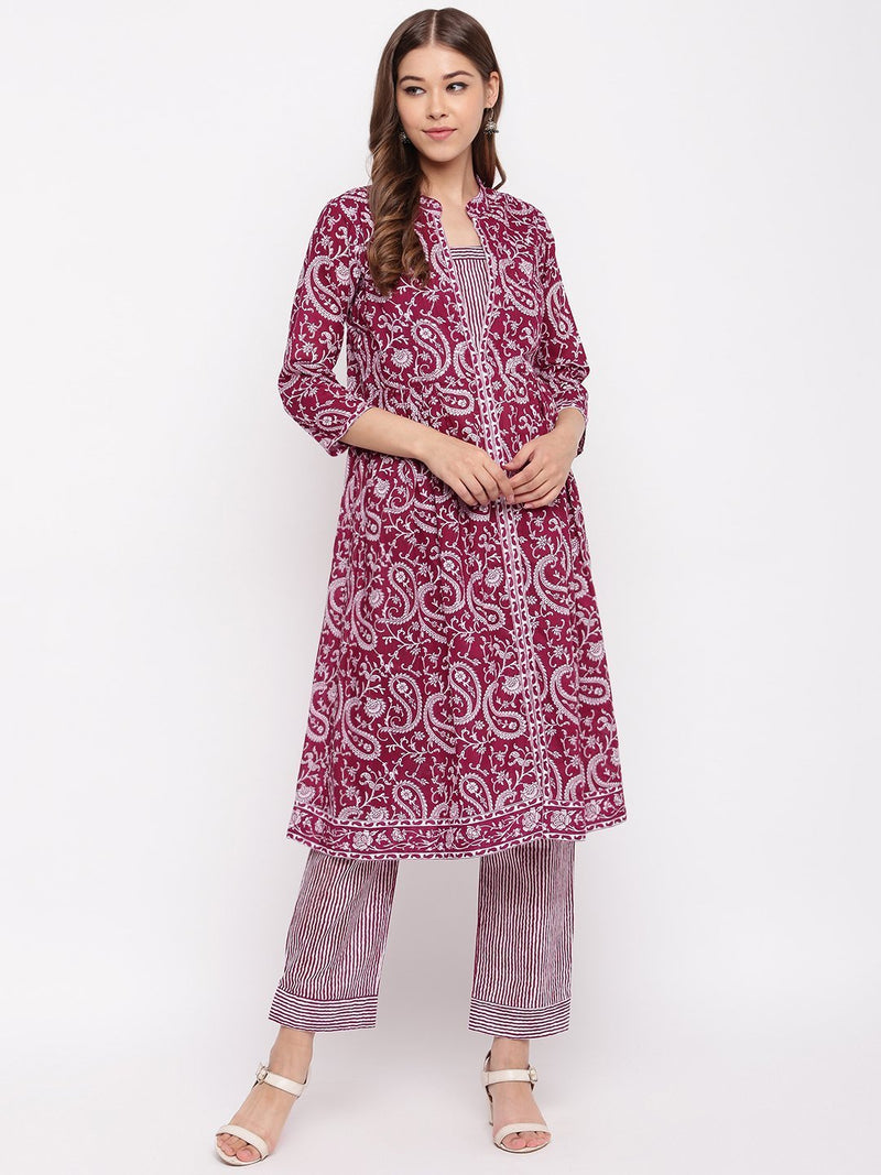 whl Wine Paisley Printed Kurta-Pants Set