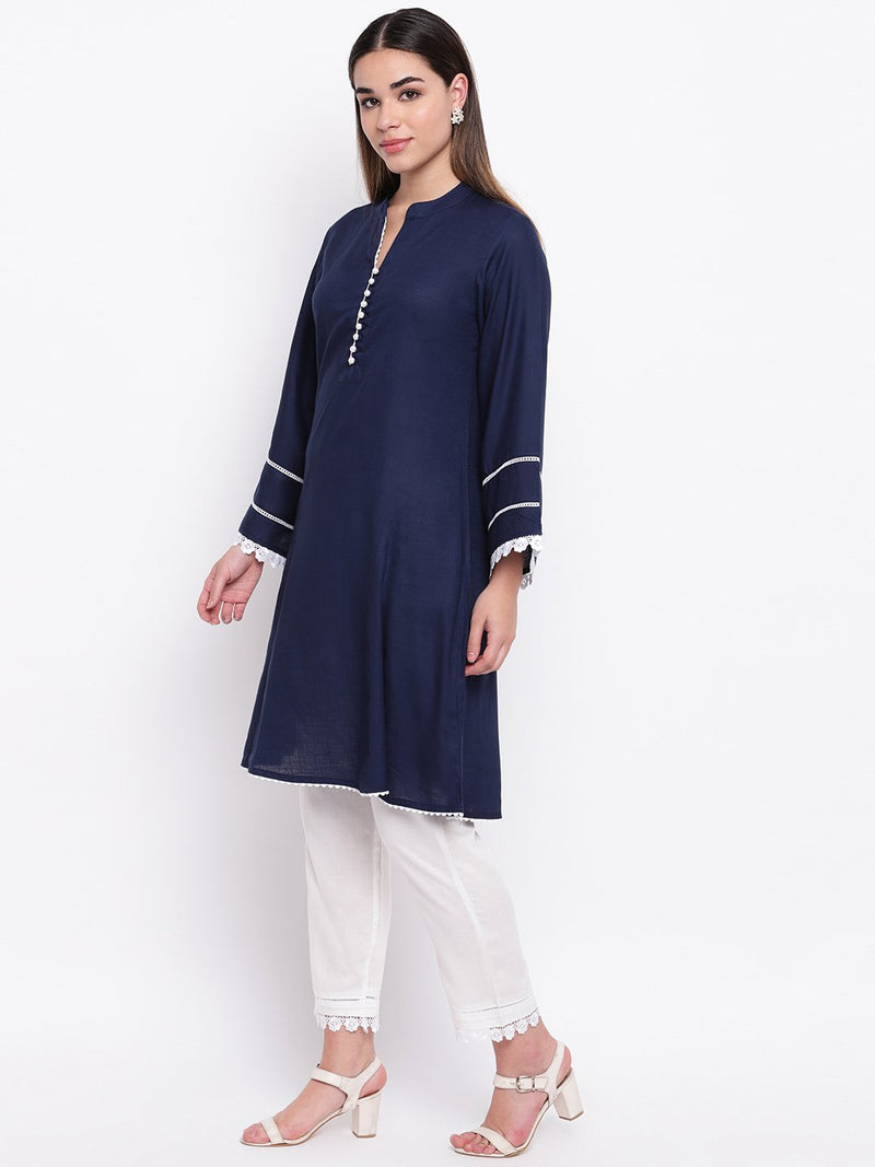 whl Navy Blue Rayon Pakistani Kurta-Palazzo Set