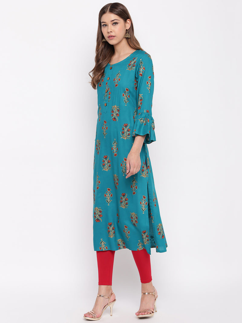 whl Blue Rayon Gold Print Kurti