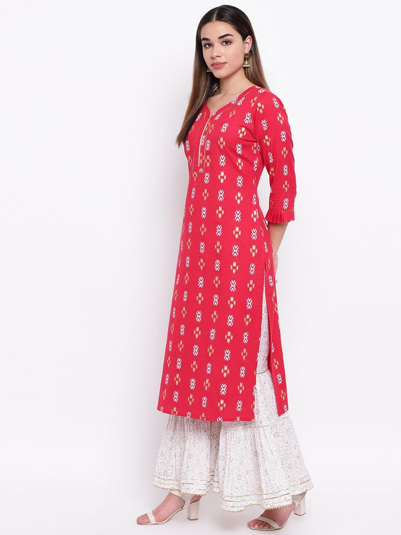 whl Red Printed Kurta And Gharara Set