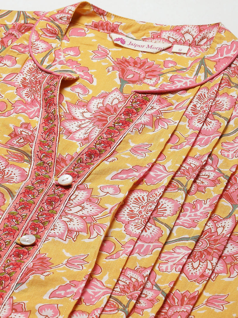 Yellow & Pink Print Mandarin Collar Cotton A-line Top