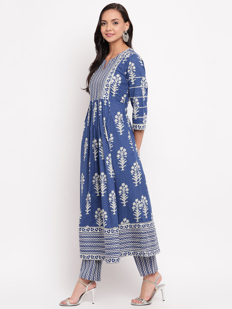 Jharokha Indigo printed Anarkali Kurta and Pants Set