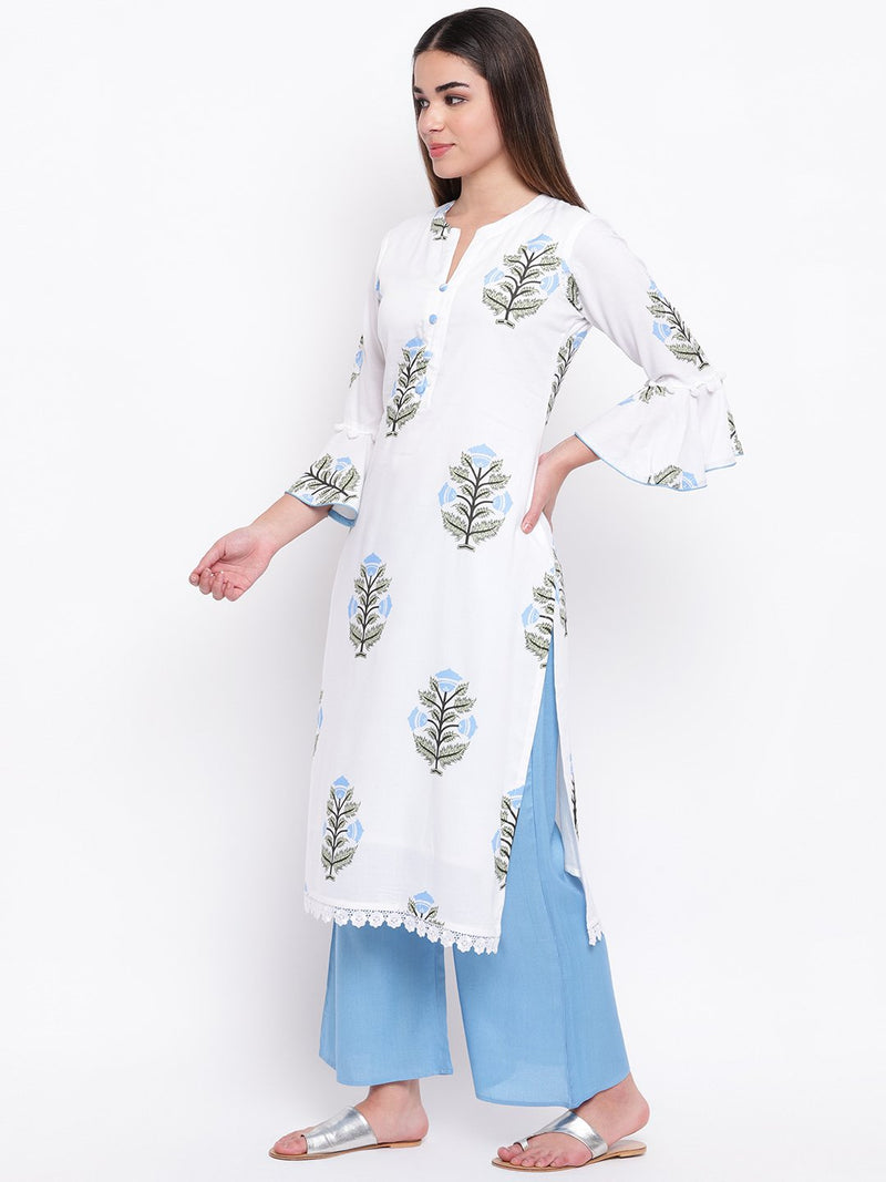 whl White Rayon Printed Kurta & Palazzo Set