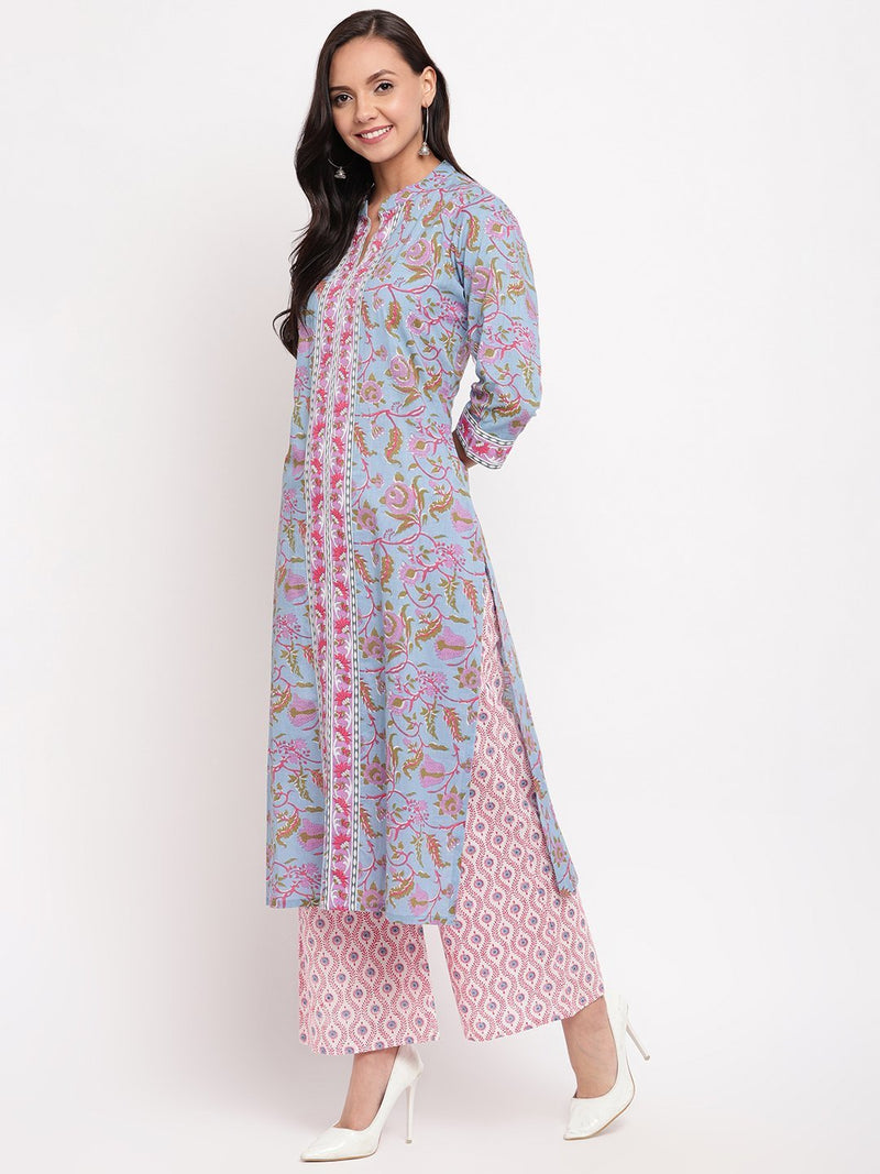 whl Blue Floral Printed Kurta-Palazzo Set
