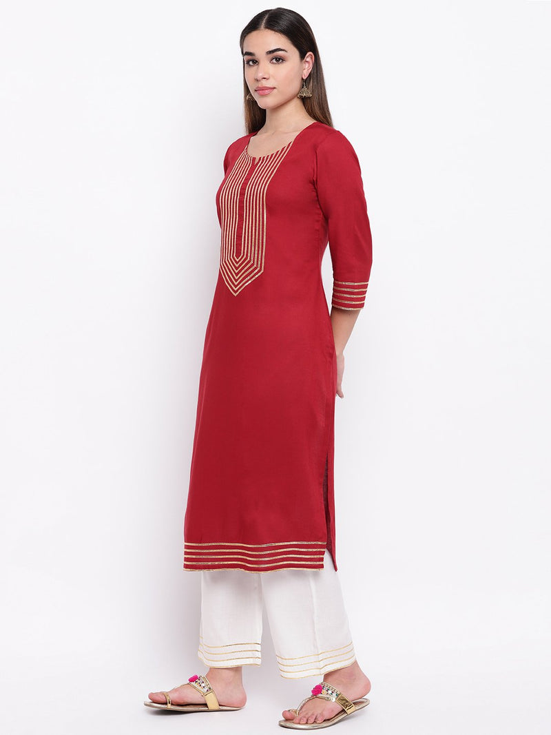 whl Maroon Rayon Gota Lace Kurta & Palazzo Set