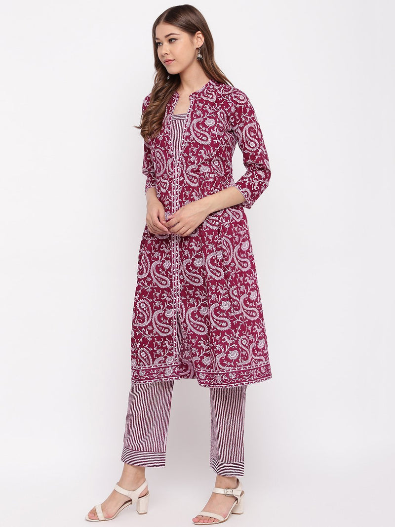 whl Wine Paisley Printed Kurta-Pants Set