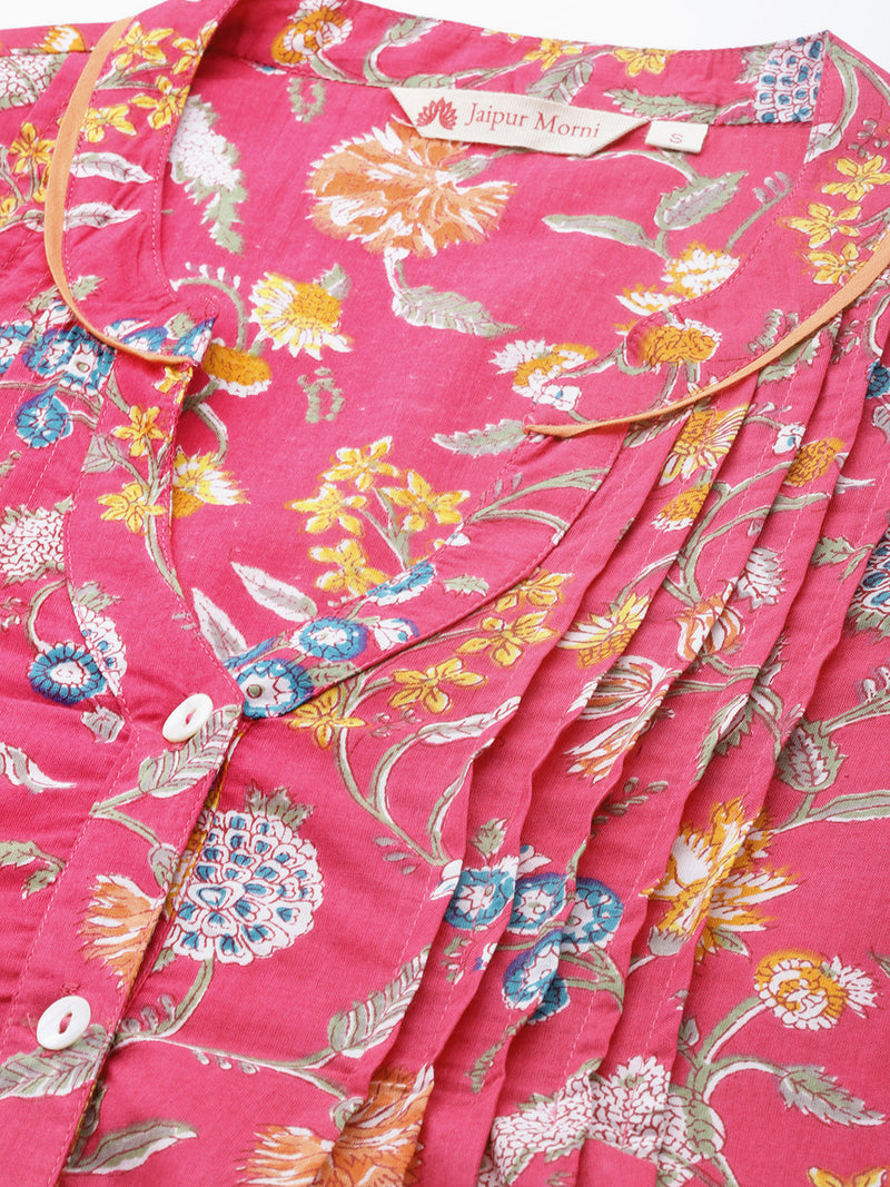 Pink Floral Print Gathered or Pleated Pure Cotton Regular Ethnic Top