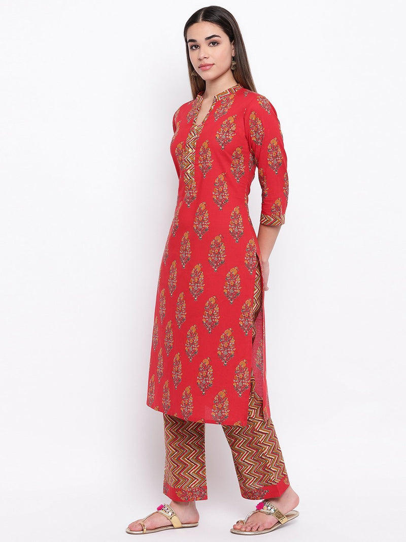 whl Red Printed Cotton Kurta-Palazzo Set