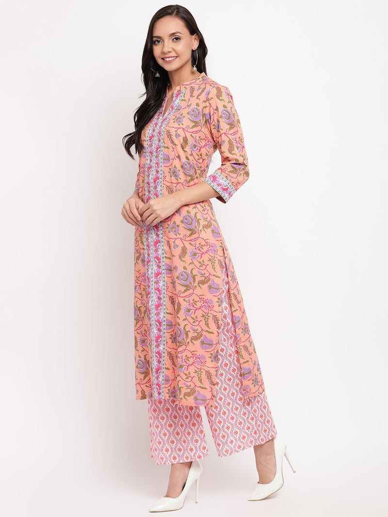 whl Peach Floral Printed Kurta-Palazzo Set