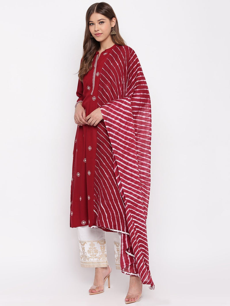 whl Maroon Rayon Embroidered Kurta With Palazzo And Dupatta