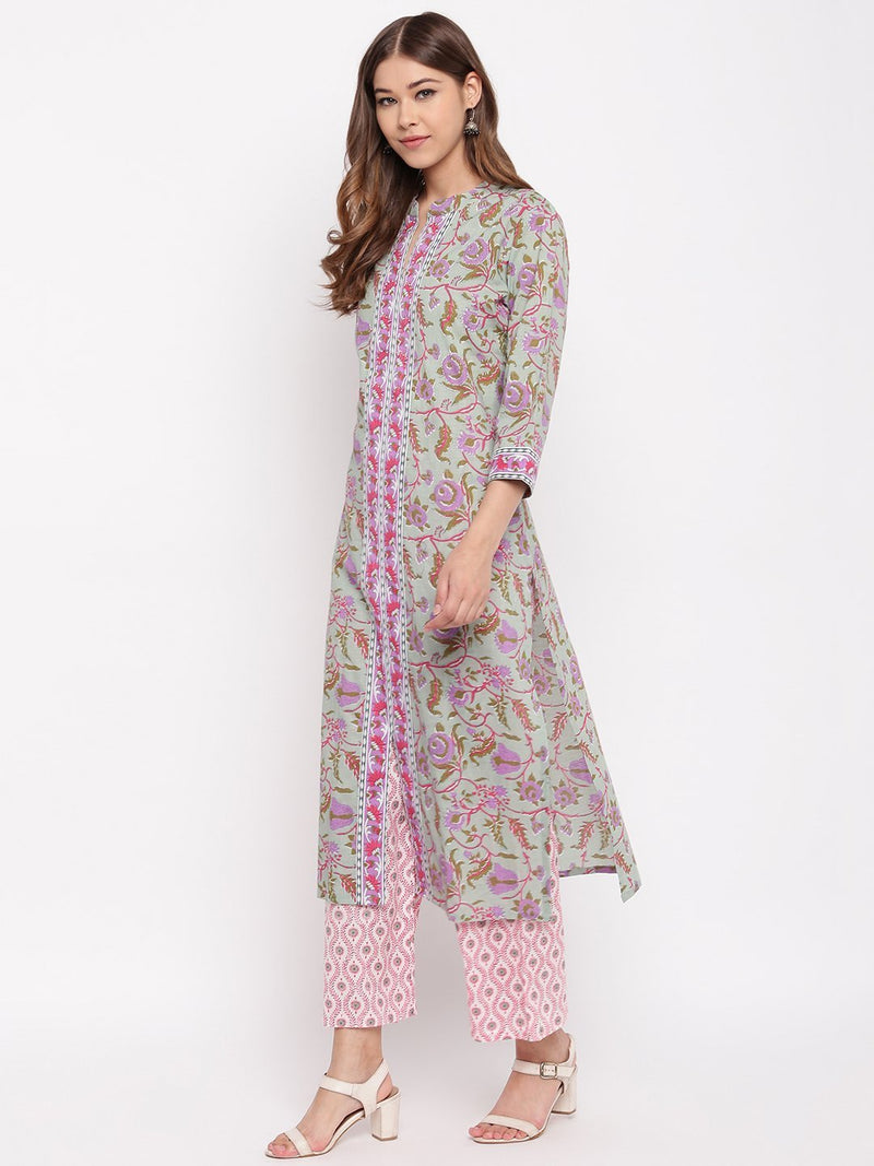 whl Green Floral Printed Kurta-Palazzo Set