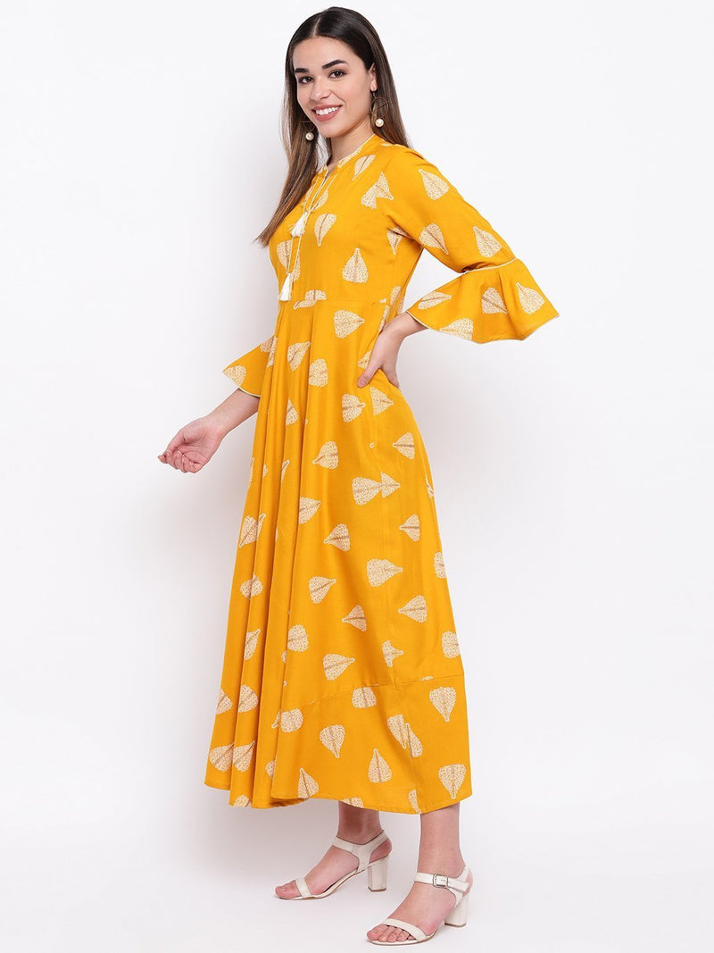 whl Mustard Rayon Printed Maxi Dress