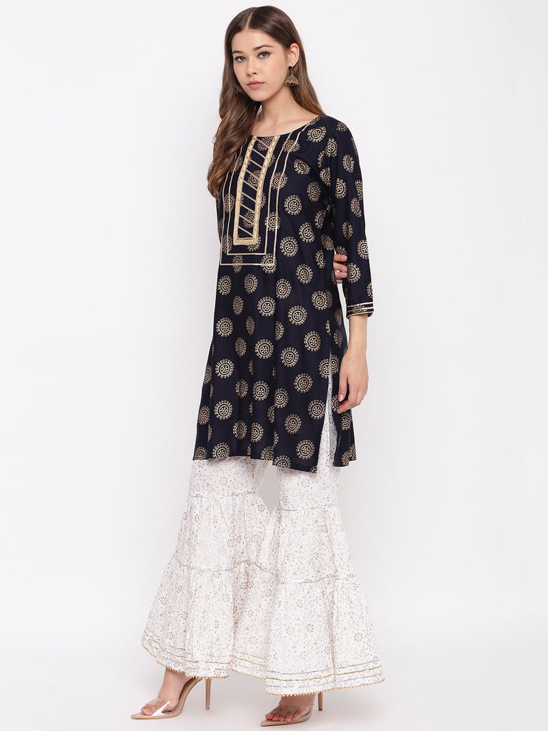 whl Rayon Gold Print Kurti And Gharara Set