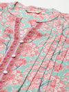 Green & Pink Print Mandarin Collar Cotton A-line Top