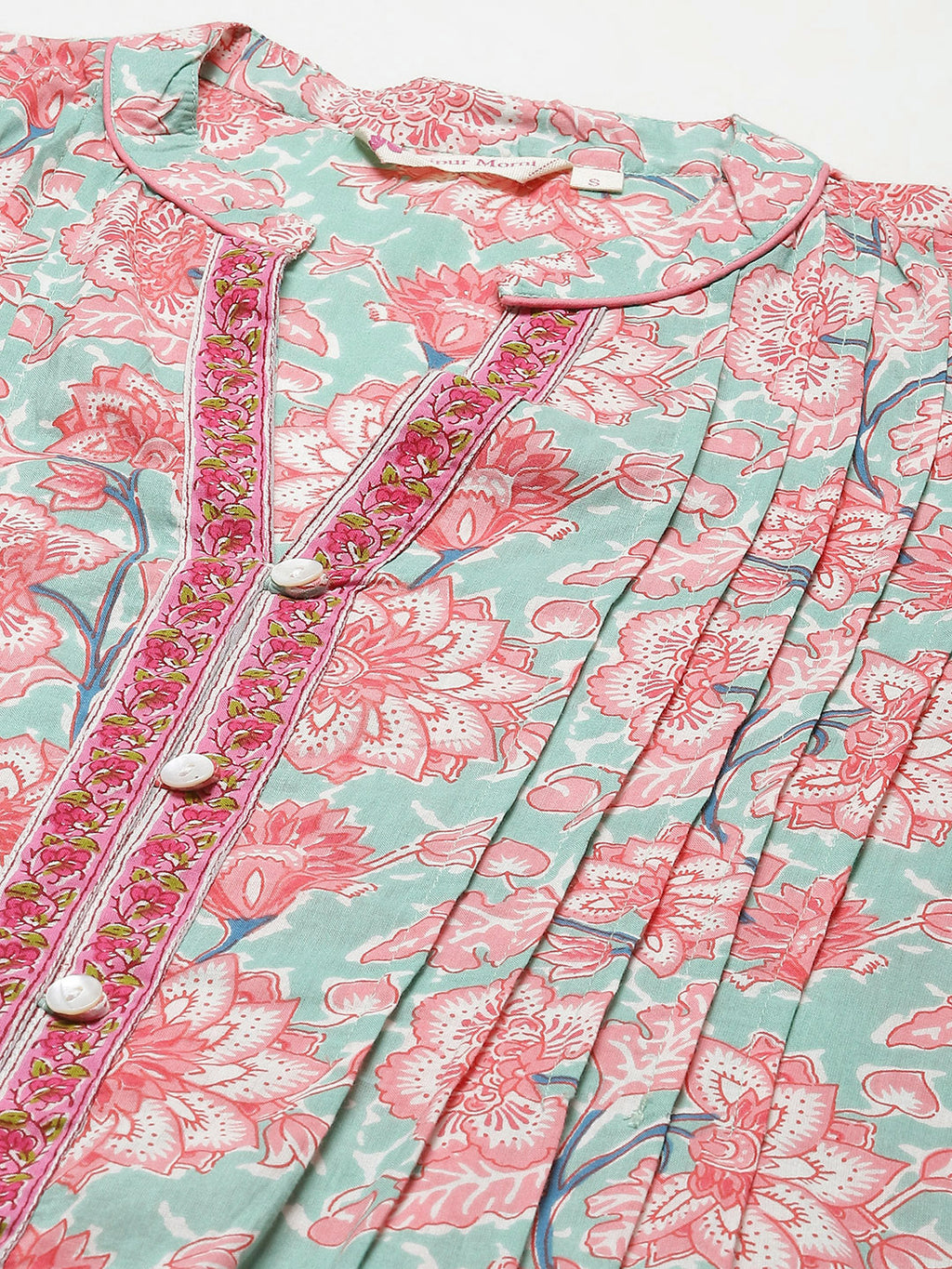 Green & Pink Print Mandarin Collar Cotton A-line Top
